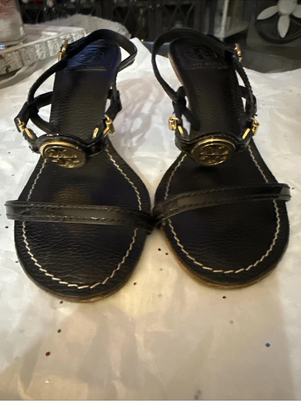 Tory Burch Black Mira Tumbled Leather Sandal Kitten Heel Size 7.5